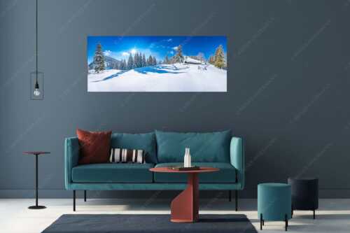 Verschneite Grasbergalm im Soierngebirge mit Krapfenkarspitze - Winterruhe - Wandbild - Größe ca. 175x70cm, Seitenverhältnis 2,5:1 - Alm Soierngebirge Schneelandschaft - weitere Infos unter https://www.kriner-weiermann.de