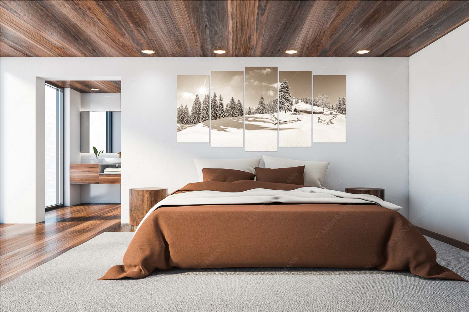 Winterruhe – Wandbild – 5er Split, Größe ca. 200x100cm, Seitenverhältnis 2:1 — Alm Soierngebirge Schneelandschaft Verschneite Grasbergalm im Soierngebirge mit Krapfenkarspitze - Winterruhe - Wandbild - 5er Split, Größe ca. 200x100cm, Seitenverhältnis 2:1 - Alm Soierngebirge Schneelandschaft - weitere Infos unter https://www.kriner-weiermann.de