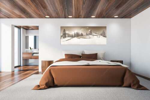 Verschneite Grasbergalm im Soierngebirge mit Krapfenkarspitze - Winterruhe - Wandbild - Größe ca. 200x80cm, Seitenverhältnis 2,5:1 - Alm Soierngebirge Schneelandschaft - weitere Infos unter https://www.kriner-weiermann.de