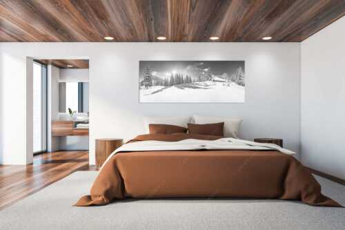 Verschneite Grasbergalm im Soierngebirge mit Krapfenkarspitze - Winterruhe - Wandbild - Größe ca. 200x80cm, Seitenverhältnis 2,5:1 - Alm Soierngebirge Schneelandschaft - weitere Infos unter https://www.kriner-weiermann.de