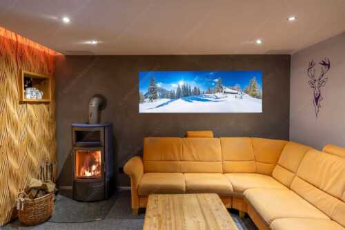 Verschneite Grasbergalm im Soierngebirge mit Krapfenkarspitze - Winterruhe - Wandbild - Größe ca. 180x60cm, Seitenverhältnis 3:1 - Alm Soierngebirge Schneelandschaft - weitere Infos unter https://www.kriner-weiermann.de