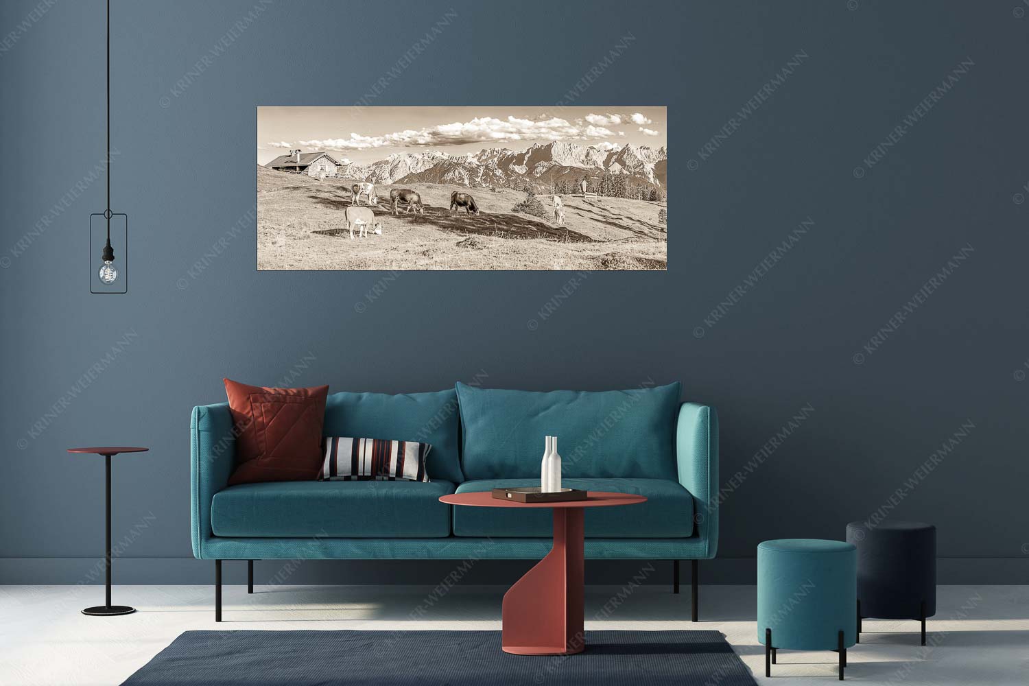 Blick über Krüneralm ins Karwendelgebirge - Auf da Krüneralm IV - Wandbild - Größe ca. 175x70cm, Seitenverhältnis 2,5:1 - Junge Kälber im Estergebirge - weitere Infos unter https://www.kriner-weiermann.de