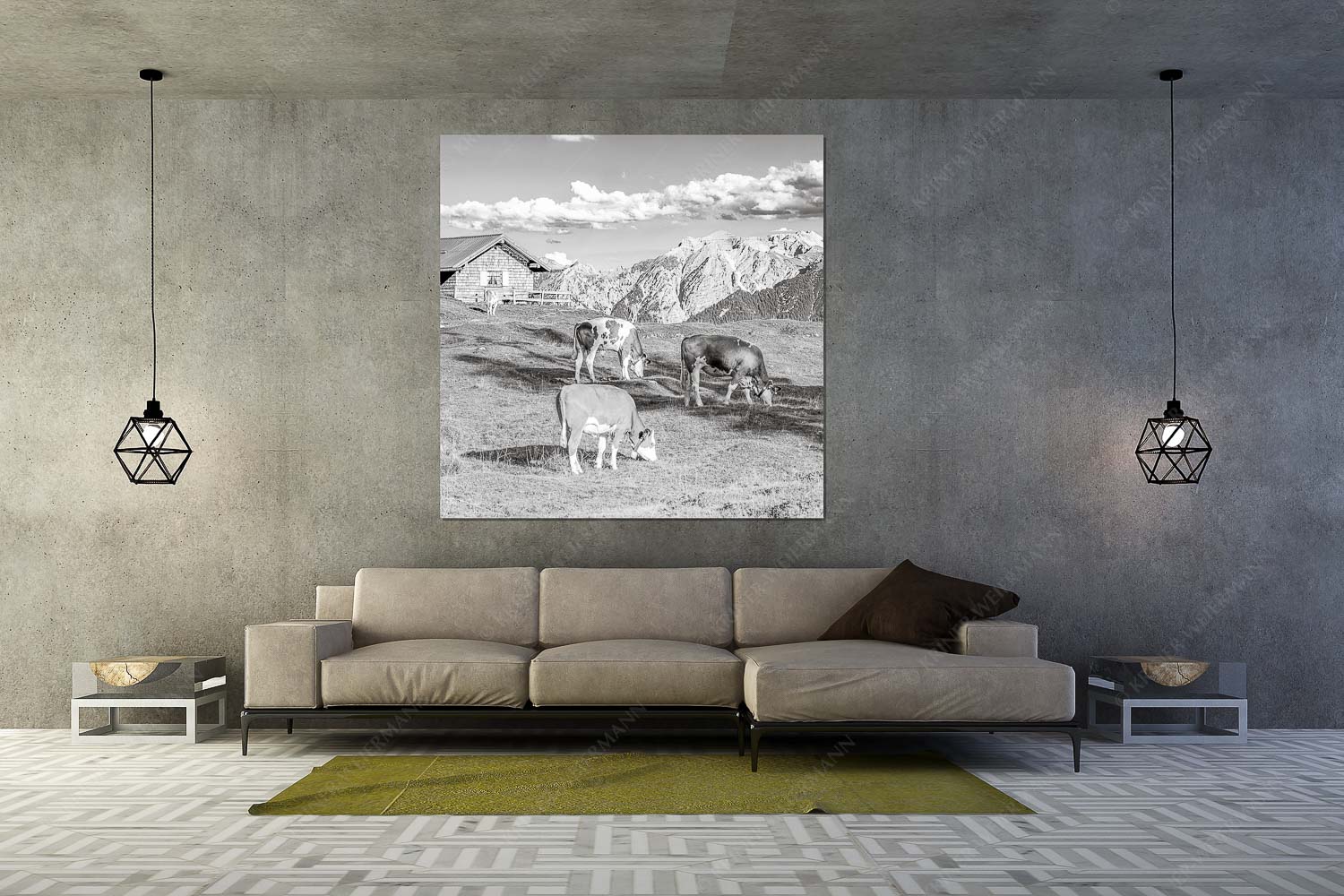 Auf da Krüneralm IV – Wandbild – Größe ca. 160x160cm, Seitenverhältnis 1:1 — Junge Kälber im Estergebirge Blick über Krüneralm ins Karwendelgebirge - Auf da Krüneralm IV - Wandbild - Größe ca. 160x160cm, Seitenverhältnis 1:1 - Junge Kälber im Estergebirge - weitere Infos unter https://www.kriner-weiermann.de