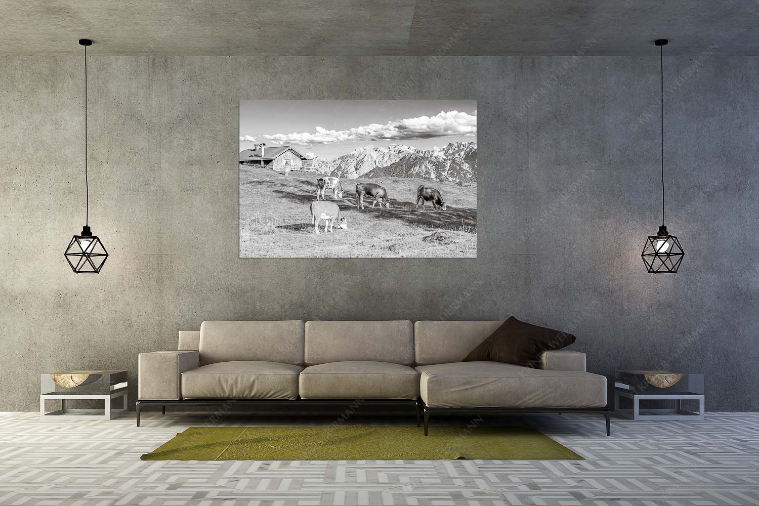 Auf da Krüneralm IV – Wandbild – Größe ca. 180x120cm, Seitenverhältnis 3:2 — Junge Kälber im Estergebirge Blick über Krüneralm ins Karwendelgebirge - Auf da Krüneralm IV - Wandbild - Größe ca. 180x120cm, Seitenverhältnis 3:2 - Junge Kälber im Estergebirge - weitere Infos unter https://www.kriner-weiermann.de