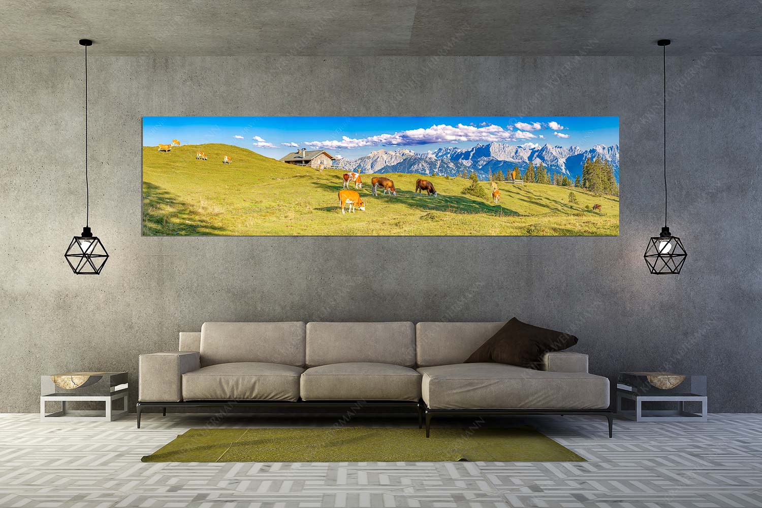 Auf da Krüneralm IV – Wandbild – Größe ca. 320x80cm, Seitenverhältnis 4:1 — Junge Kälber im Estergebirge Blick über Krüneralm ins Karwendelgebirge - Auf da Krüneralm IV - Wandbild - Größe ca. 320x80cm, Seitenverhältnis 4:1 - Junge Kälber im Estergebirge - weitere Infos unter https://www.kriner-weiermann.de