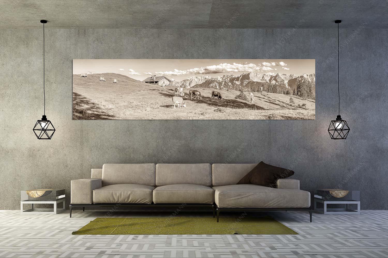 Auf da Krüneralm IV – Wandbild – Größe ca. 320x80cm, Seitenverhältnis 4:1 — Junge Kälber im Estergebirge Blick über Krüneralm ins Karwendelgebirge - Auf da Krüneralm IV - Wandbild - Größe ca. 320x80cm, Seitenverhältnis 4:1 - Junge Kälber im Estergebirge - weitere Infos unter https://www.kriner-weiermann.de