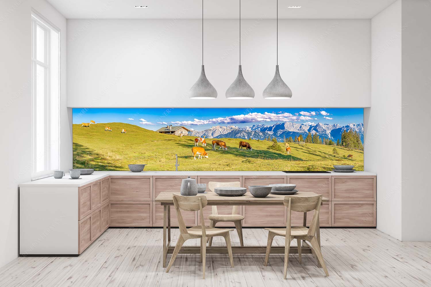 Auf da Krüneralm IV – Küchenrückwand – Größe ca. 400x100cm, Seitenverhältnis 4:1 — Junge Kälber im Estergebirge Blick über Krüneralm ins Karwendelgebirge - Auf da Krüneralm IV - Küchenrückwand - Größe ca. 400x100cm, Seitenverhältnis 4:1 - Junge Kälber im Estergebirge - weitere Infos unter https://www.kriner-weiermann.de