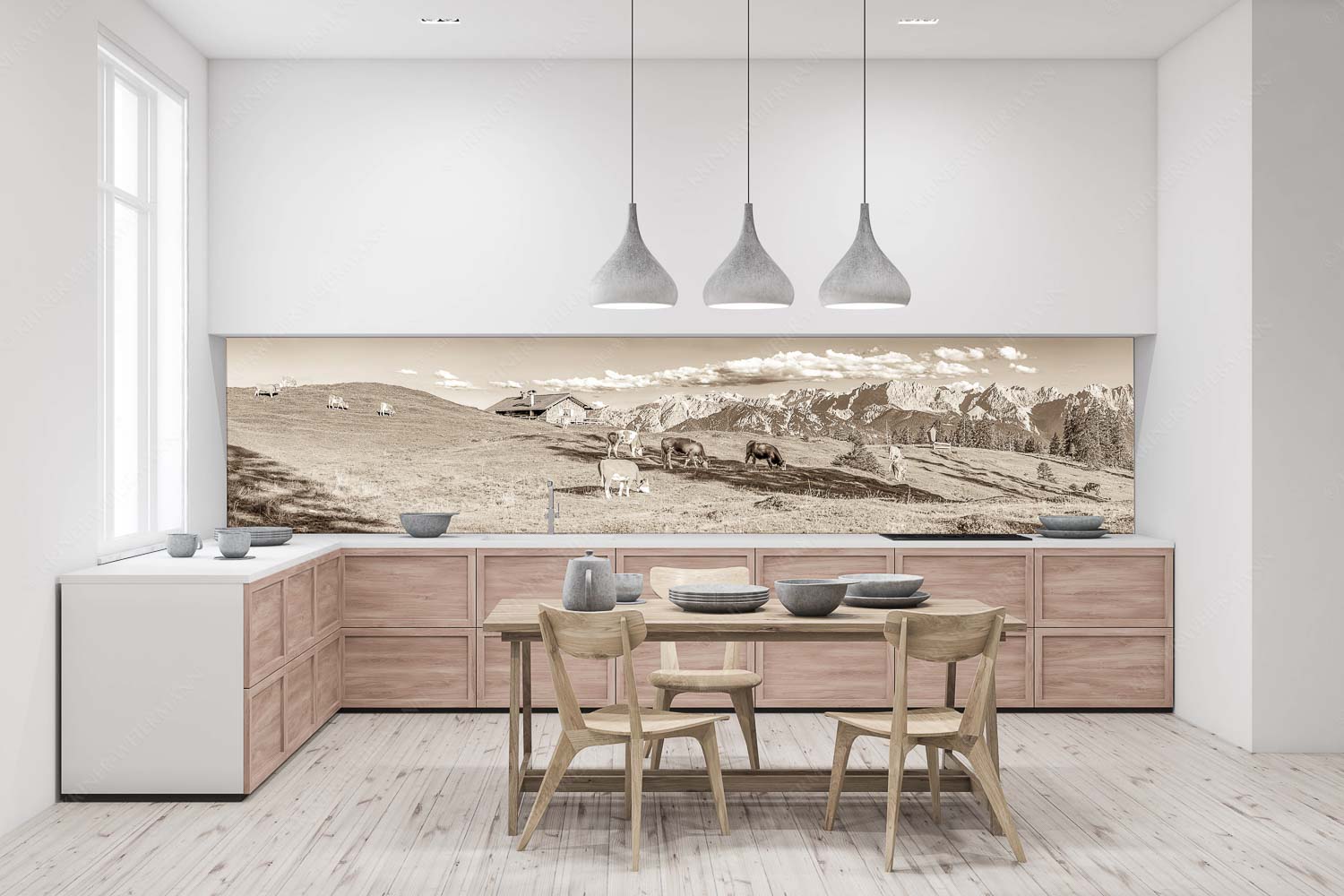 Auf da Krüneralm IV – Küchenrückwand – Größe ca. 400x100cm, Seitenverhältnis 4:1 — Junge Kälber im Estergebirge Blick über Krüneralm ins Karwendelgebirge - Auf da Krüneralm IV - Küchenrückwand - Größe ca. 400x100cm, Seitenverhältnis 4:1 - Junge Kälber im Estergebirge - weitere Infos unter https://www.kriner-weiermann.de
