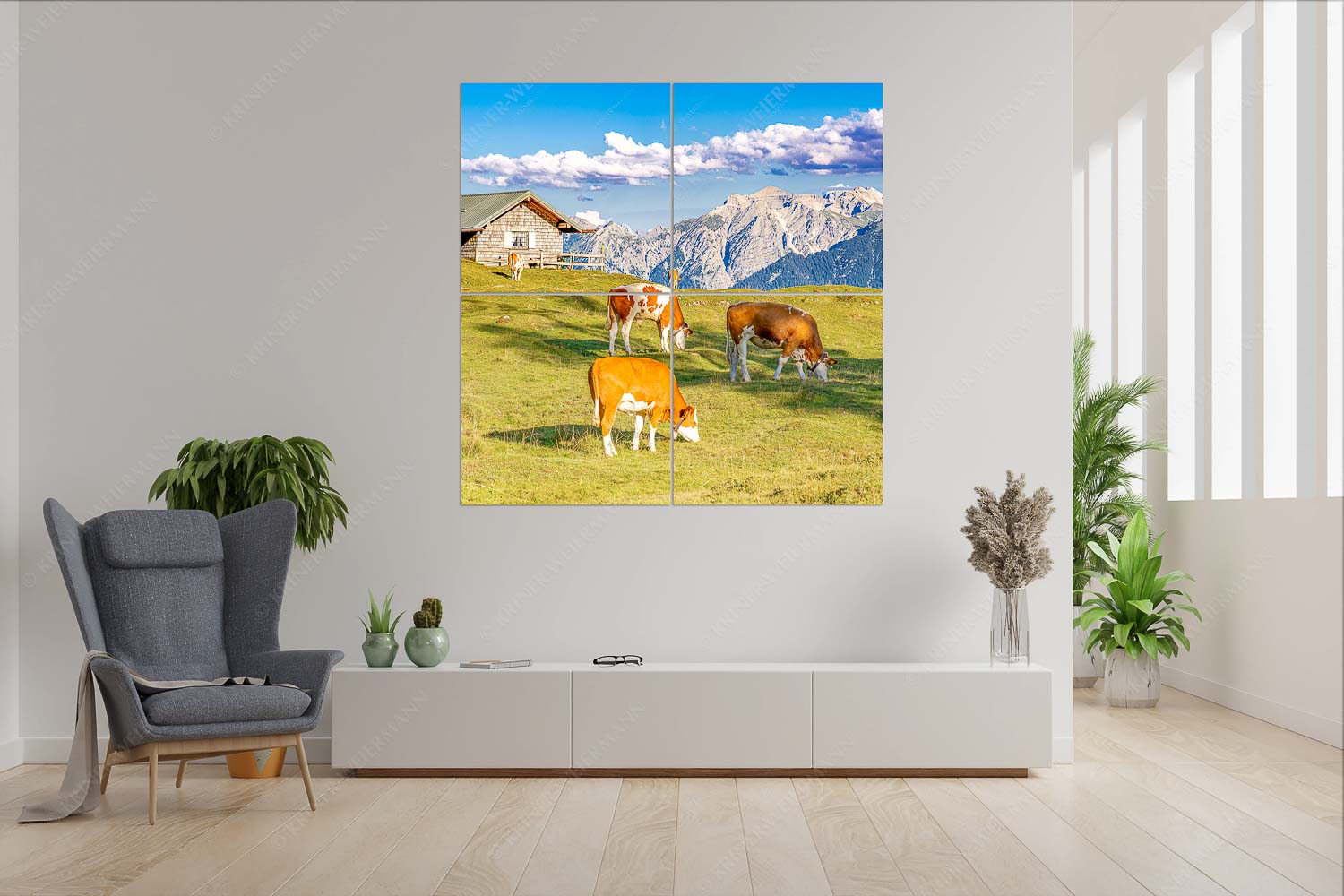 Auf da Krüneralm IV – Wandbild – 4er Split, Größe ca. 180x180cm, Seitenverhältnis 1:1 — Junge Kälber im Estergebirge Blick über Krüneralm ins Karwendelgebirge - Auf da Krüneralm IV - Wandbild - 4er Split, Größe ca. 180x180cm, Seitenverhältnis 1:1 - Junge Kälber im Estergebirge - weitere Infos unter https://www.kriner-weiermann.de