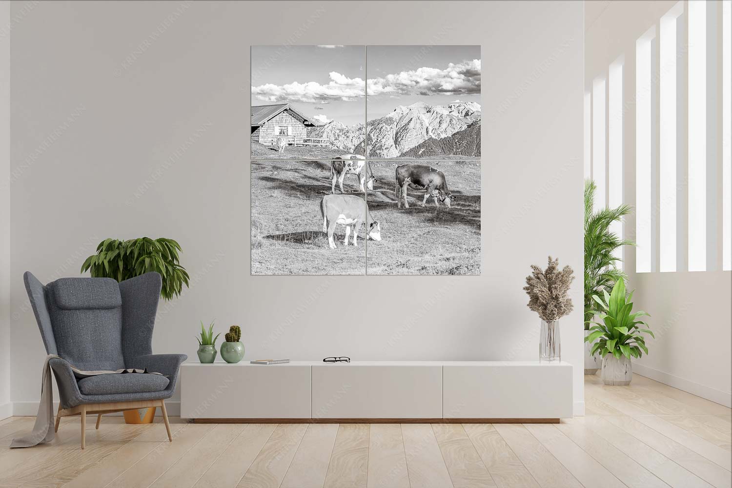 Auf da Krüneralm IV – Wandbild – 4er Split, Größe ca. 180x180cm, Seitenverhältnis 1:1 — Junge Kälber im Estergebirge Blick über Krüneralm ins Karwendelgebirge - Auf da Krüneralm IV - Wandbild - 4er Split, Größe ca. 180x180cm, Seitenverhältnis 1:1 - Junge Kälber im Estergebirge - weitere Infos unter https://www.kriner-weiermann.de