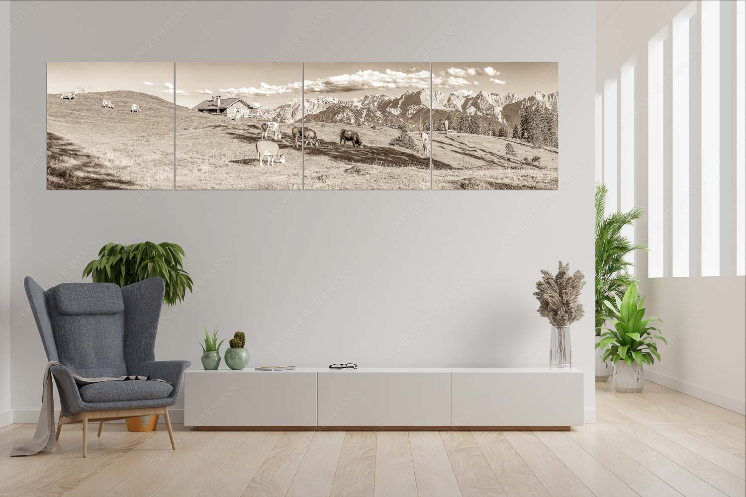Auf da Krüneralm IV – Wandbild – 4er Split, Größe ca. 280x70cm, Seitenverhältnis 4:1 — Junge Kälber im Estergebirge Blick über Krüneralm ins Karwendelgebirge - Auf da Krüneralm IV - Wandbild - 4er Split, Größe ca. 280x70cm, Seitenverhältnis 4:1 - Junge Kälber im Estergebirge - weitere Infos unter https://www.kriner-weiermann.de