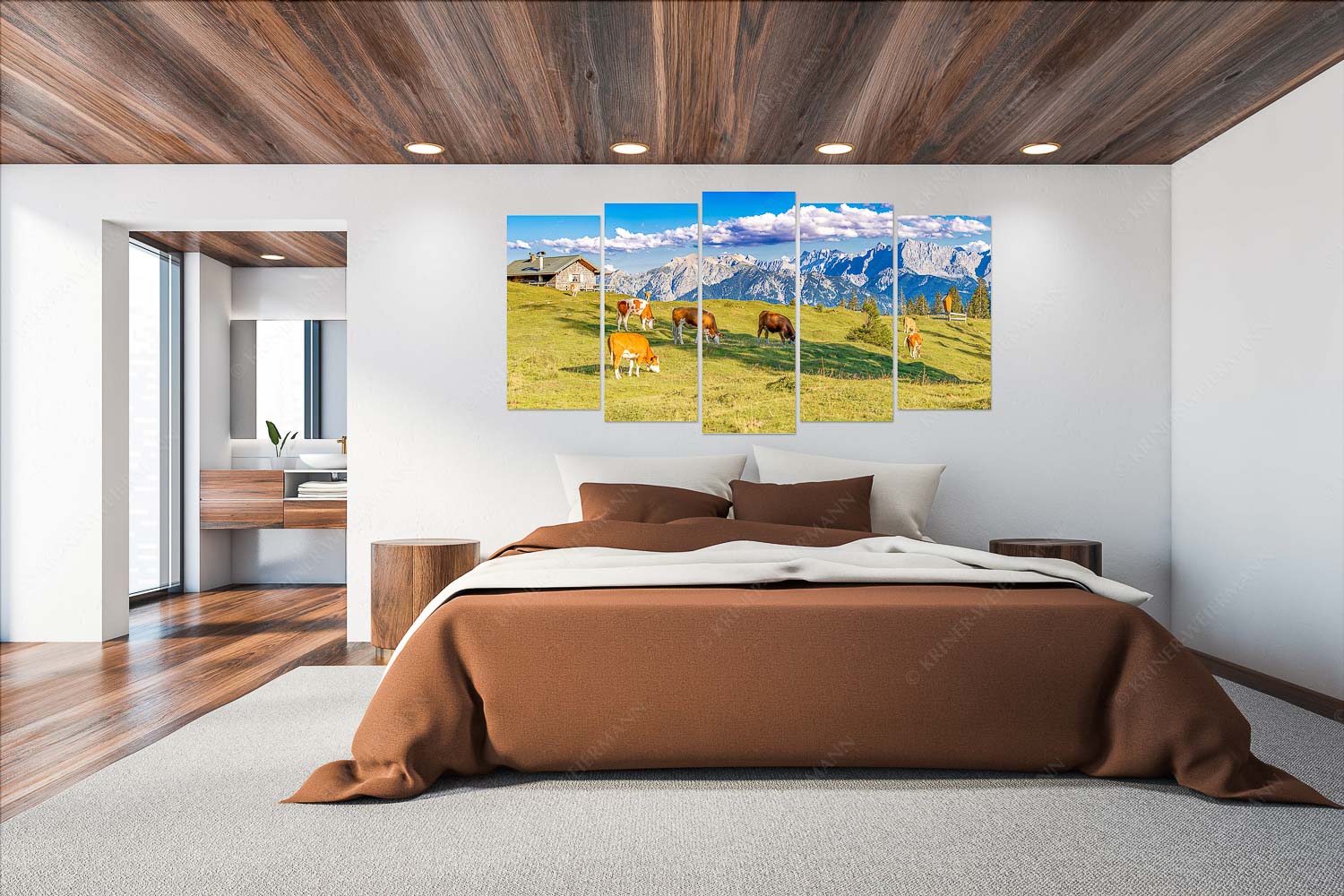 Auf da Krüneralm IV – Wandbild – 5er Split, Größe ca. 200x100cm, Seitenverhältnis 2:1 — Junge Kälber im Estergebirge Blick über Krüneralm ins Karwendelgebirge - Auf da Krüneralm IV - Wandbild - 5er Split, Größe ca. 200x100cm, Seitenverhältnis 2:1 - Junge Kälber im Estergebirge - weitere Infos unter https://www.kriner-weiermann.de
