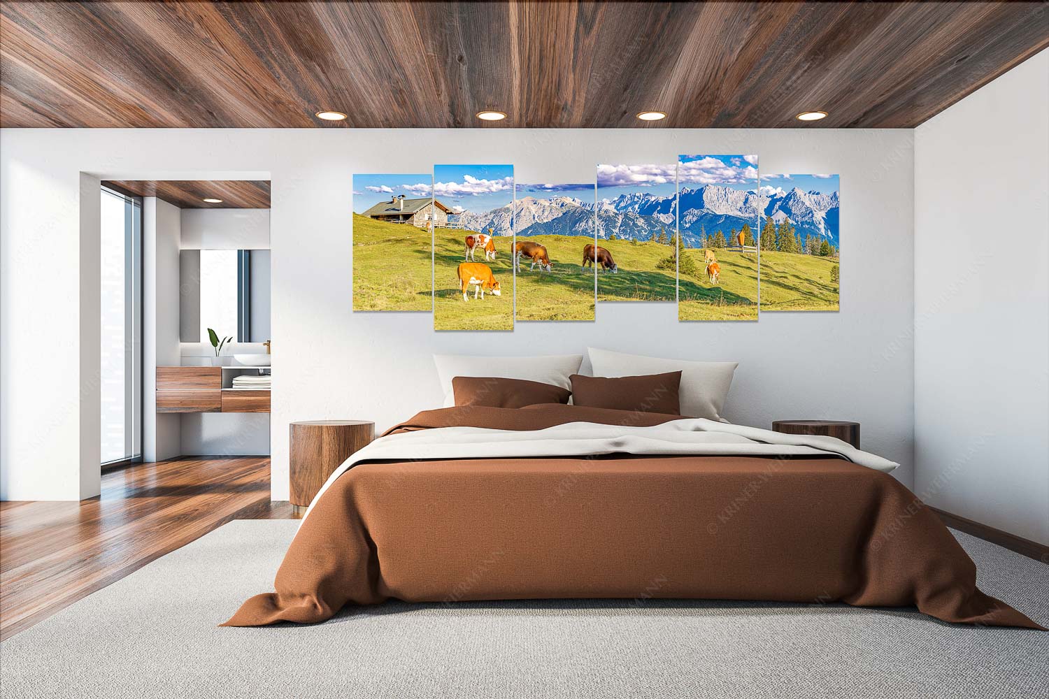 Auf da Krüneralm IV – Wandbild – 6er Split, Größe ca. 280x112cm, Seitenverhältnis 2,5:1 — Junge Kälber im Estergebirge Blick über Krüneralm ins Karwendelgebirge - Auf da Krüneralm IV - Wandbild - 6er Split, Größe ca. 280x112cm, Seitenverhältnis 2,5:1 - Junge Kälber im Estergebirge - weitere Infos unter https://www.kriner-weiermann.de