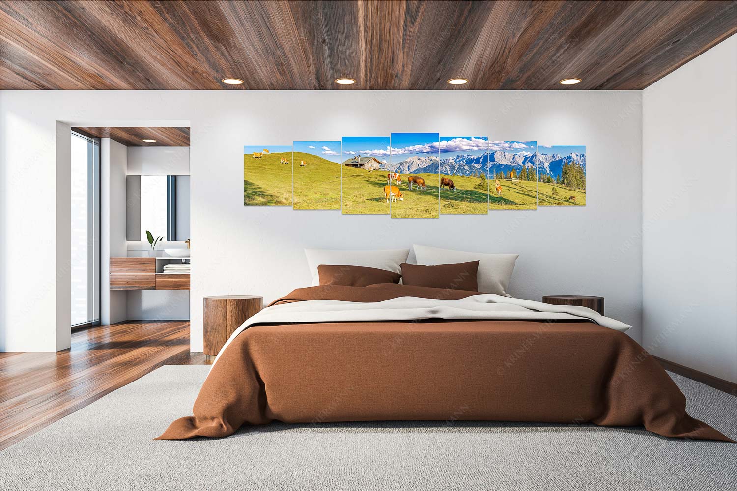 Auf da Krüneralm IV – Wandbild – 7er Split, Größe ca. 300x75cm, Seitenverhältnis 4:1 — Junge Kälber im Estergebirge Blick über Krüneralm ins Karwendelgebirge - Auf da Krüneralm IV - Wandbild - 7er Split, Größe ca. 300x75cm, Seitenverhältnis 4:1 - Junge Kälber im Estergebirge - weitere Infos unter https://www.kriner-weiermann.de