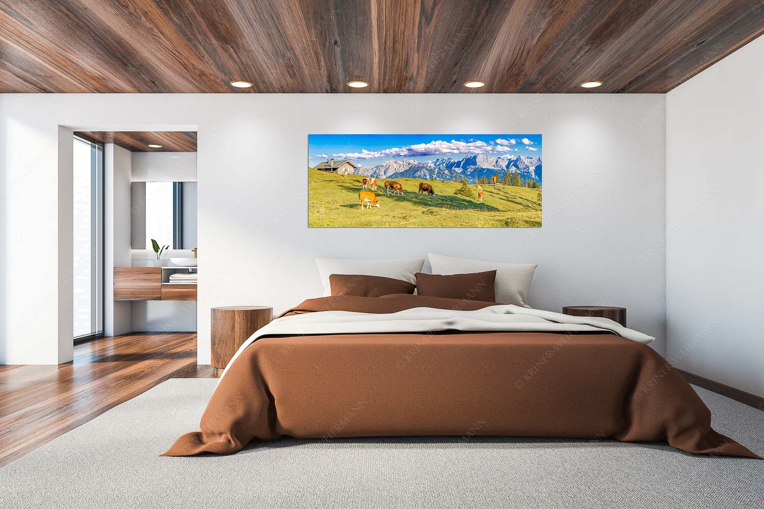 Auf da Krüneralm IV – Wandbild – Größe ca. 200x80cm, Seitenverhältnis 2,5:1 — Junge Kälber im Estergebirge Blick über Krüneralm ins Karwendelgebirge - Auf da Krüneralm IV - Wandbild - Größe ca. 200x80cm, Seitenverhältnis 2,5:1 - Junge Kälber im Estergebirge - weitere Infos unter https://www.kriner-weiermann.de