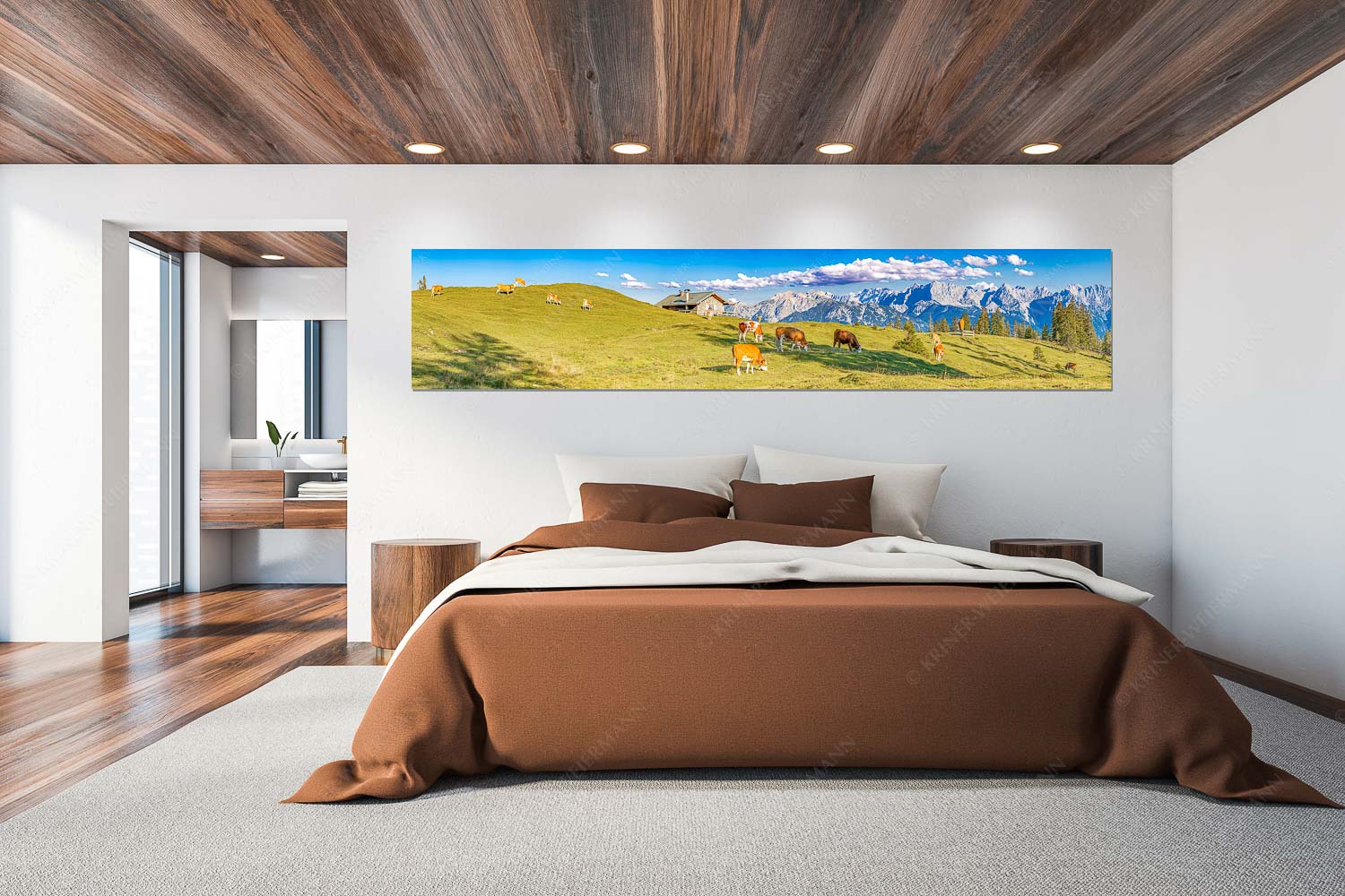 Auf da Krüneralm IV – Wandbild – Größe ca. 300x60cm, Seitenverhältnis 5:1 — Junge Kälber im Estergebirge Blick über Krüneralm ins Karwendelgebirge - Auf da Krüneralm IV - Wandbild - Größe ca. 300x60cm, Seitenverhältnis 5:1 - Junge Kälber im Estergebirge - weitere Infos unter https://www.kriner-weiermann.de