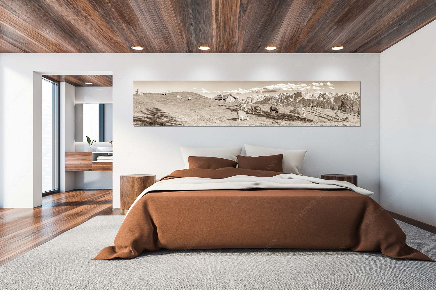 Auf da Krüneralm IV – Wandbild – Größe ca. 300x60cm, Seitenverhältnis 5:1 — Junge Kälber im Estergebirge Blick über Krüneralm ins Karwendelgebirge - Auf da Krüneralm IV - Wandbild - Größe ca. 300x60cm, Seitenverhältnis 5:1 - Junge Kälber im Estergebirge - weitere Infos unter https://www.kriner-weiermann.de