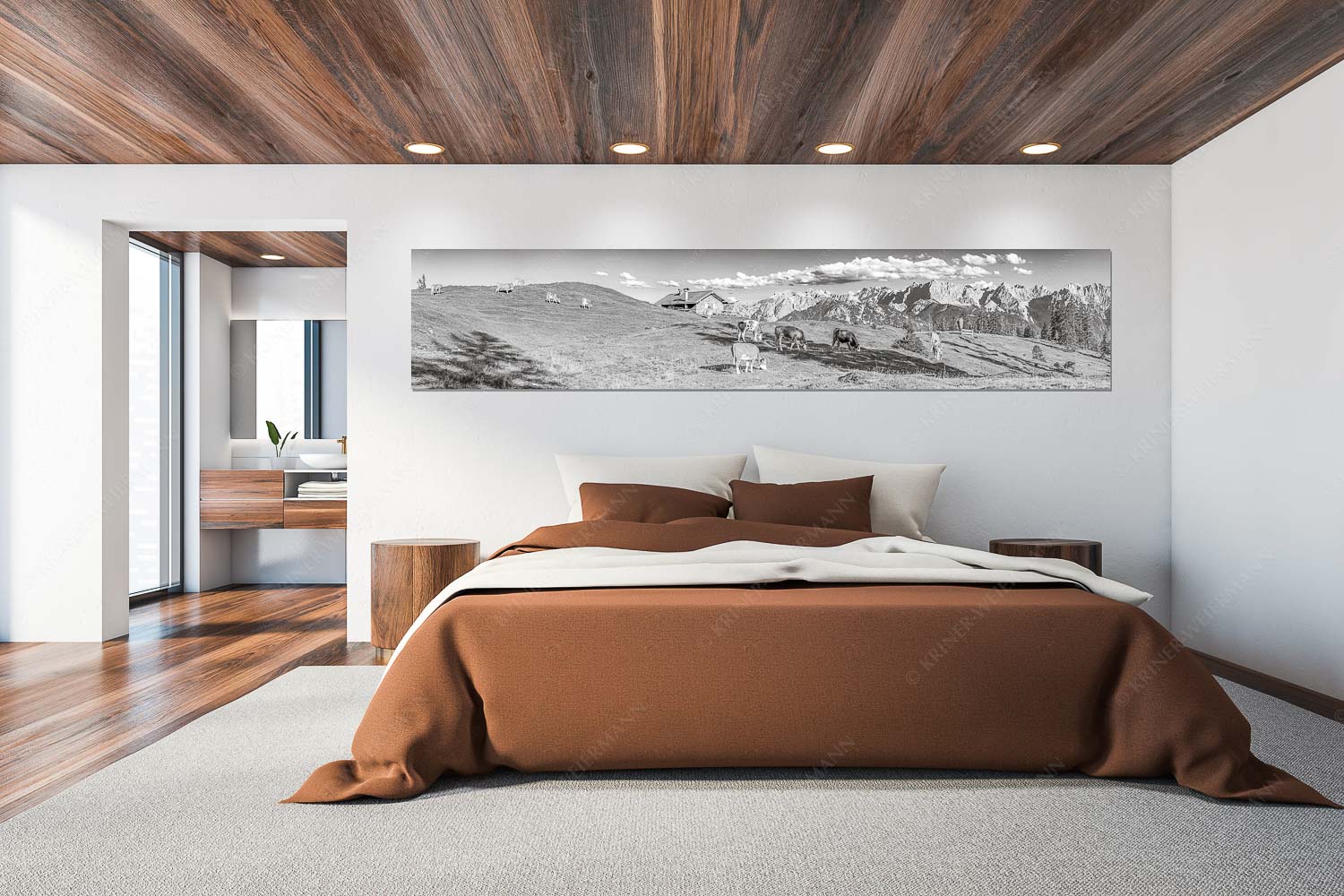 Auf da Krüneralm IV – Wandbild – Größe ca. 300x60cm, Seitenverhältnis 5:1 — Junge Kälber im Estergebirge Blick über Krüneralm ins Karwendelgebirge - Auf da Krüneralm IV - Wandbild - Größe ca. 300x60cm, Seitenverhältnis 5:1 - Junge Kälber im Estergebirge - weitere Infos unter https://www.kriner-weiermann.de