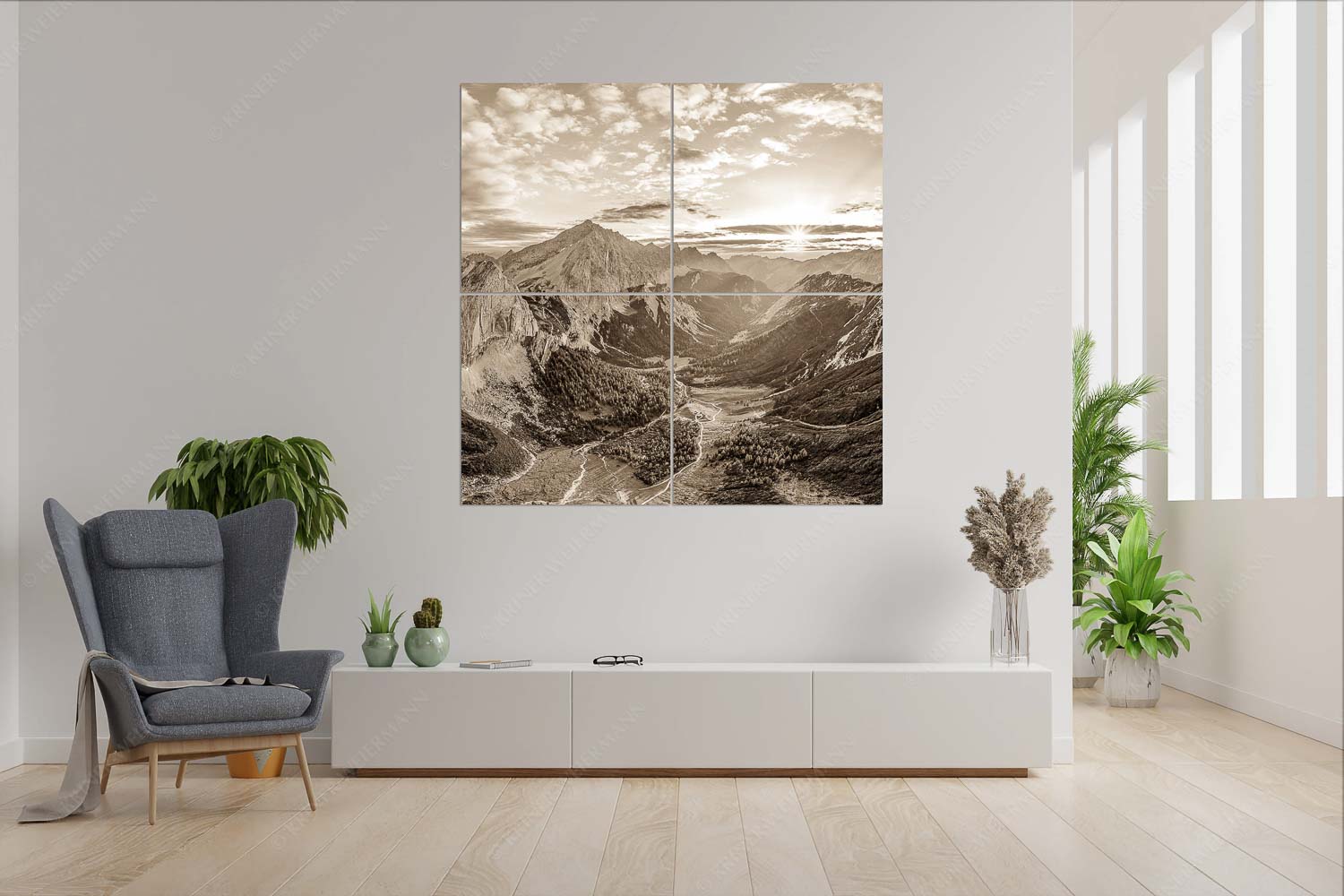 Der Abschiedskuss – Wandbild – 4er Split, Größe ca. 180x180cm, Seitenverhältnis 1:1 — Speckkarspitze im Karwendel Die Sonne scheint noch kurz entlang des Hallerangers in die Nordwand der Speckkarspitze - Der Abschiedskuss - Wandbild - 4er Split, Größe ca. 180x180cm, Seitenverhältnis 1:1 - Speckkarspitze im Karwendel - weitere Infos unter https://www.kriner-weiermann.de