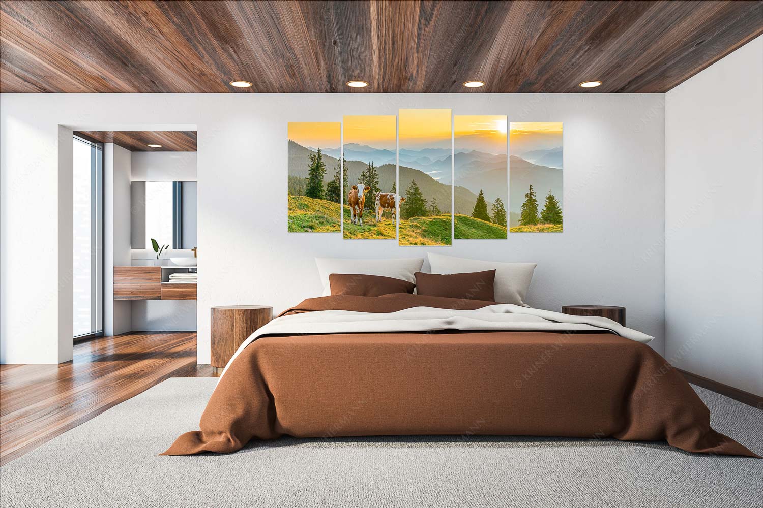 Guten Morgen – Wandbild – 5er Split, Größe ca. 200x100cm, Seitenverhältnis 2:1 — Junge Rinder auf der Wallgaueralm Jungvieh auf der Wallgauer Alm im Estergebirge mit Blick zur Benediktenwand bei Sonnenaufgang - Guten Morgen - Wandbild - 5er Split, Größe ca. 200x100cm, Seitenverhältnis 2:1 - Junge Rinder auf der Wallgaueralm - weitere Infos unter https://www.kriner-weiermann.de