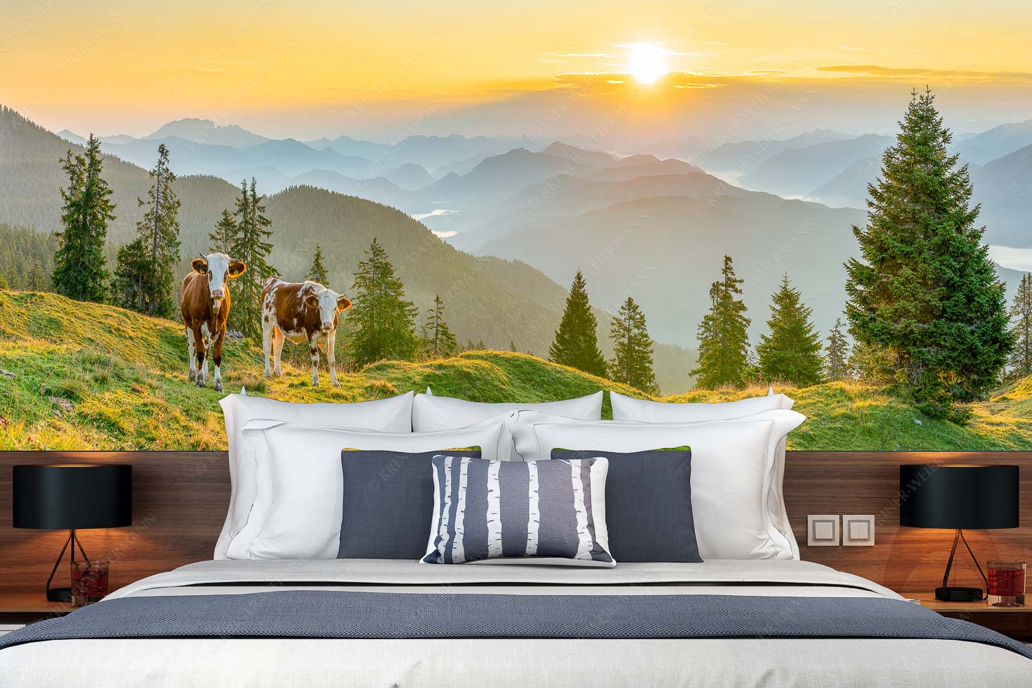 Guten Morgen – Fototapete – Größe ca. 350x140cm, Seitenverhältnis 2,5:1 — Junge Rinder auf der Wallgaueralm Jungvieh auf der Wallgauer Alm im Estergebirge mit Blick zur Benediktenwand bei Sonnenaufgang - Guten Morgen - Fototapete - Größe ca. 350x140cm, Seitenverhältnis 2,5:1 - Junge Rinder auf der Wallgaueralm - weitere Infos unter https://www.kriner-weiermann.de