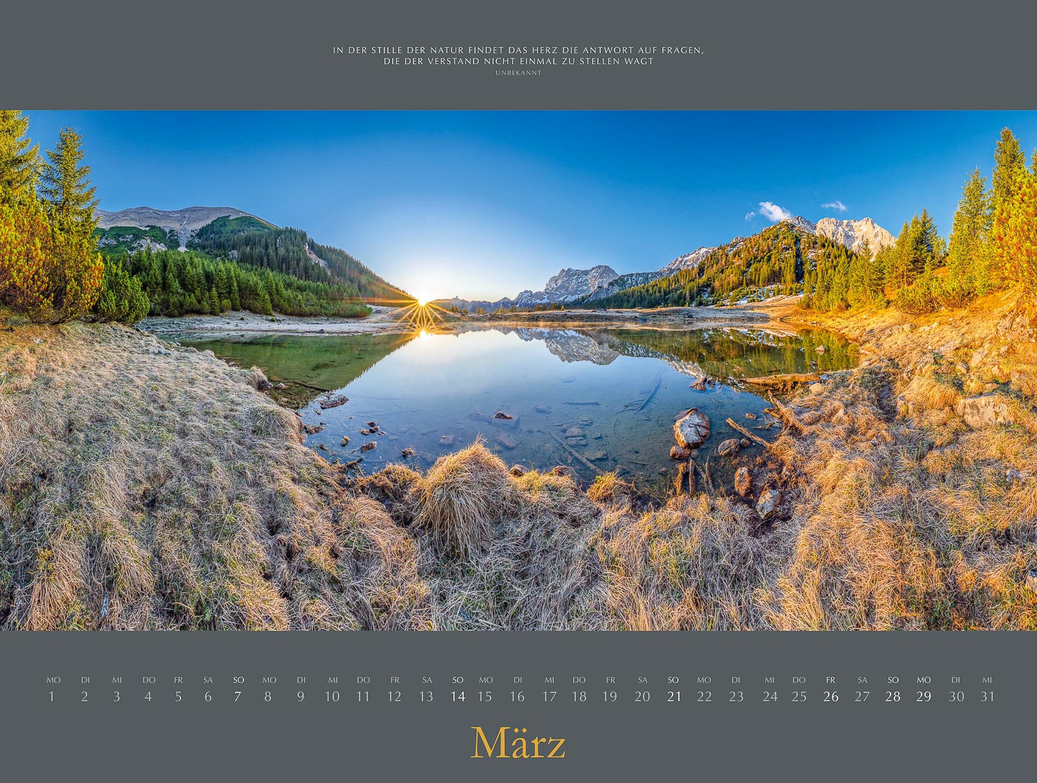 Bildkalender „Augenblicke zwischen Karwendel und Zugspitze“ 2027 — März 2027 Die ersten Sonnenstrahlen an dem kleinen See bei der Fereineralm - Bildkalender "Augenblicke zwischen Karwendel und Zugspitze" 2027 - März 2027