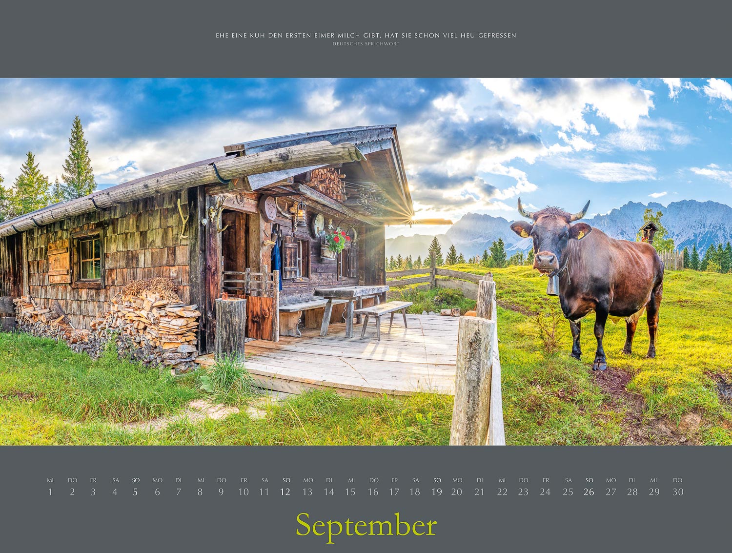 Bildkalender „Augenblicke zwischen Karwendel und Zugspitze“ 2027 — September 2027 Malerische Almhütte bei Mittenwald mit Karwendel - Bildkalender "Augenblicke zwischen Karwendel und Zugspitze" 2027 - September 2027