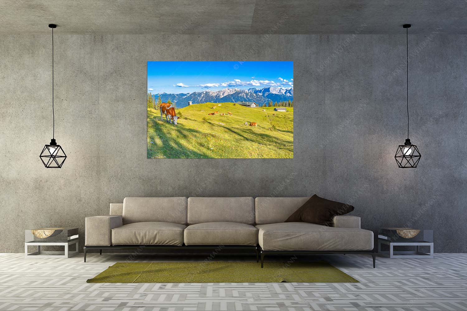 Auf da Krüneralm – Wandbild – Größe ca. 180x120cm, Seitenverhältnis 3:2 — Kühe auf der Alm im Estergebirge Blick über Krüneralm ins Karwendelgebirge - Auf da Krüneralm - Wandbild - Größe ca. 180x120cm, Seitenverhältnis 3:2 - Kühe auf der Alm im Estergebirge - weitere Infos unter https://www.kriner-weiermann.de