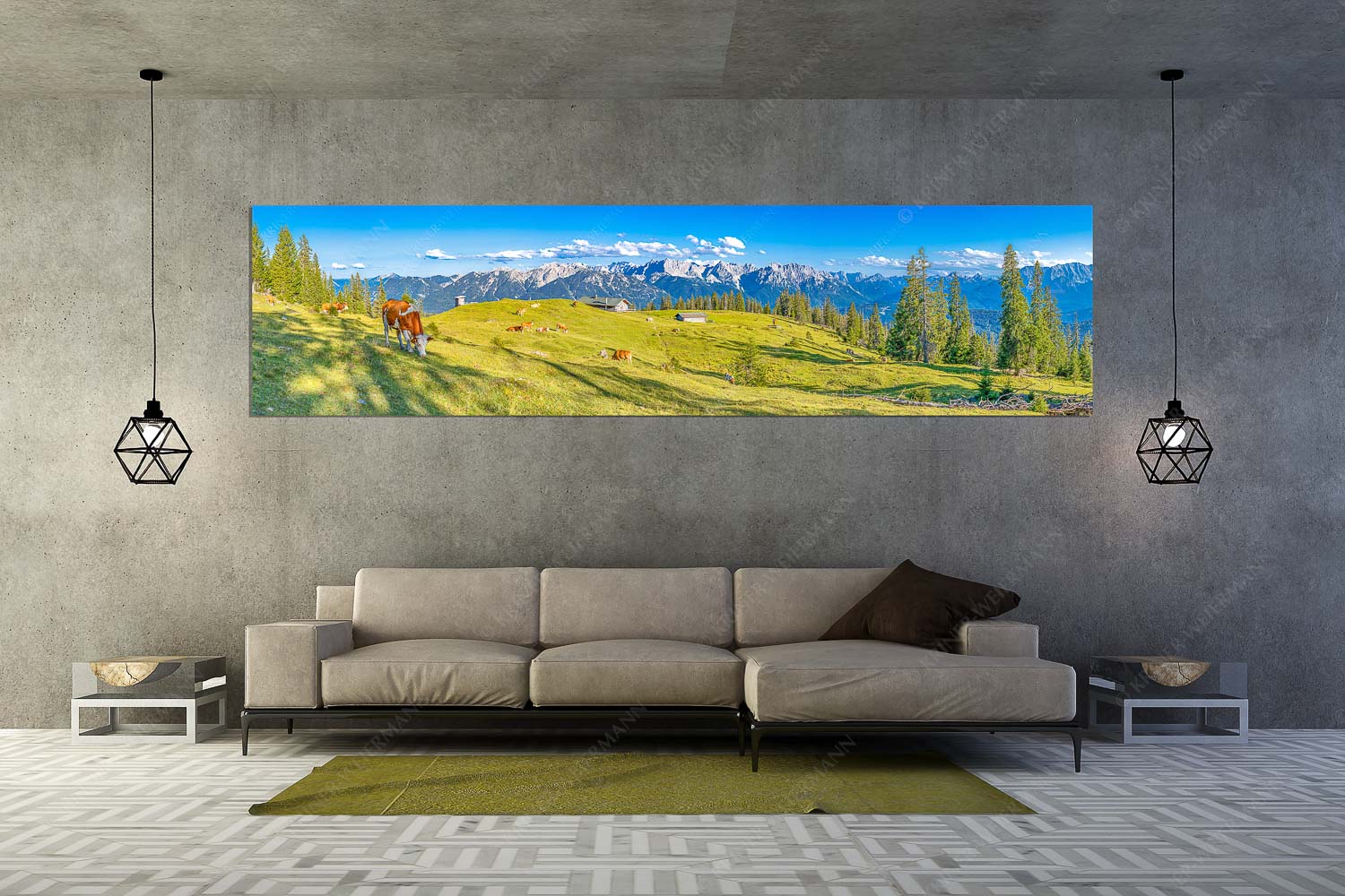 Auf da Krüneralm – Wandbild – Größe ca. 320x80cm, Seitenverhältnis 4:1 — Kühe auf der Alm im Estergebirge Blick über Krüneralm ins Karwendelgebirge - Auf da Krüneralm - Wandbild - Größe ca. 320x80cm, Seitenverhältnis 4:1 - Kühe auf der Alm im Estergebirge - weitere Infos unter https://www.kriner-weiermann.de