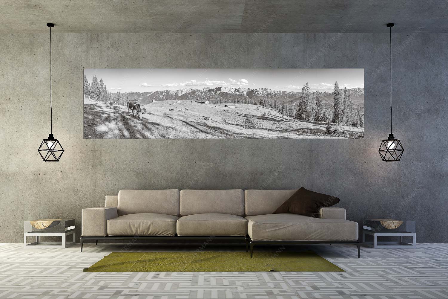 Auf da Krüneralm – Wandbild – Größe ca. 320x80cm, Seitenverhältnis 4:1 — Kühe auf der Alm im Estergebirge Blick über Krüneralm ins Karwendelgebirge - Auf da Krüneralm - Wandbild - Größe ca. 320x80cm, Seitenverhältnis 4:1 - Kühe auf der Alm im Estergebirge - weitere Infos unter https://www.kriner-weiermann.de