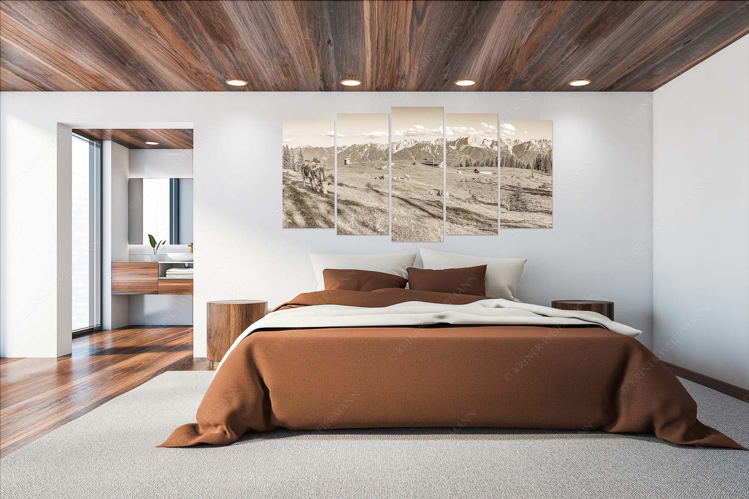 Auf da Krüneralm – Wandbild – 5er Split, Größe ca. 200x100cm, Seitenverhältnis 2:1 — Kühe auf der Alm im Estergebirge Blick über Krüneralm ins Karwendelgebirge - Auf da Krüneralm - Wandbild - 5er Split, Größe ca. 200x100cm, Seitenverhältnis 2:1 - Kühe auf der Alm im Estergebirge - weitere Infos unter https://www.kriner-weiermann.de