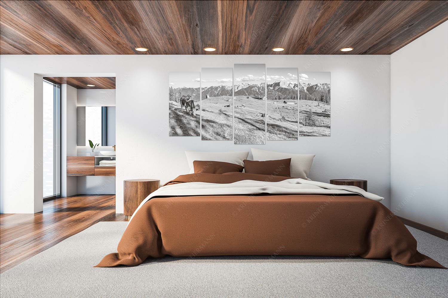 Auf da Krüneralm – Wandbild – 5er Split, Größe ca. 200x100cm, Seitenverhältnis 2:1 — Kühe auf der Alm im Estergebirge Blick über Krüneralm ins Karwendelgebirge - Auf da Krüneralm - Wandbild - 5er Split, Größe ca. 200x100cm, Seitenverhältnis 2:1 - Kühe auf der Alm im Estergebirge - weitere Infos unter https://www.kriner-weiermann.de
