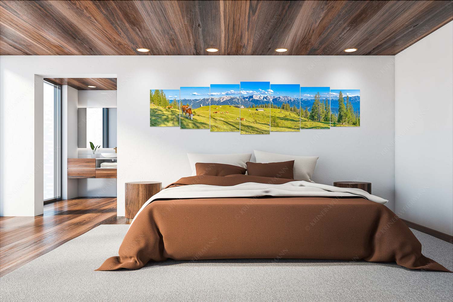 Auf da Krüneralm – Wandbild – 7er Split, Größe ca. 300x75cm, Seitenverhältnis 4:1 — Kühe auf der Alm im Estergebirge Blick über Krüneralm ins Karwendelgebirge - Auf da Krüneralm - Wandbild - 7er Split, Größe ca. 300x75cm, Seitenverhältnis 4:1 - Kühe auf der Alm im Estergebirge - weitere Infos unter https://www.kriner-weiermann.de