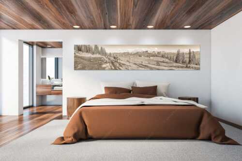 Blick über Krüneralm ins Karwendelgebirge - Auf da Krüneralm - Wandbild - Größe ca. 300x60cm, Seitenverhältnis 5:1 - Kühe auf der Alm im Estergebirge - weitere Infos unter https://www.kriner-weiermann.de