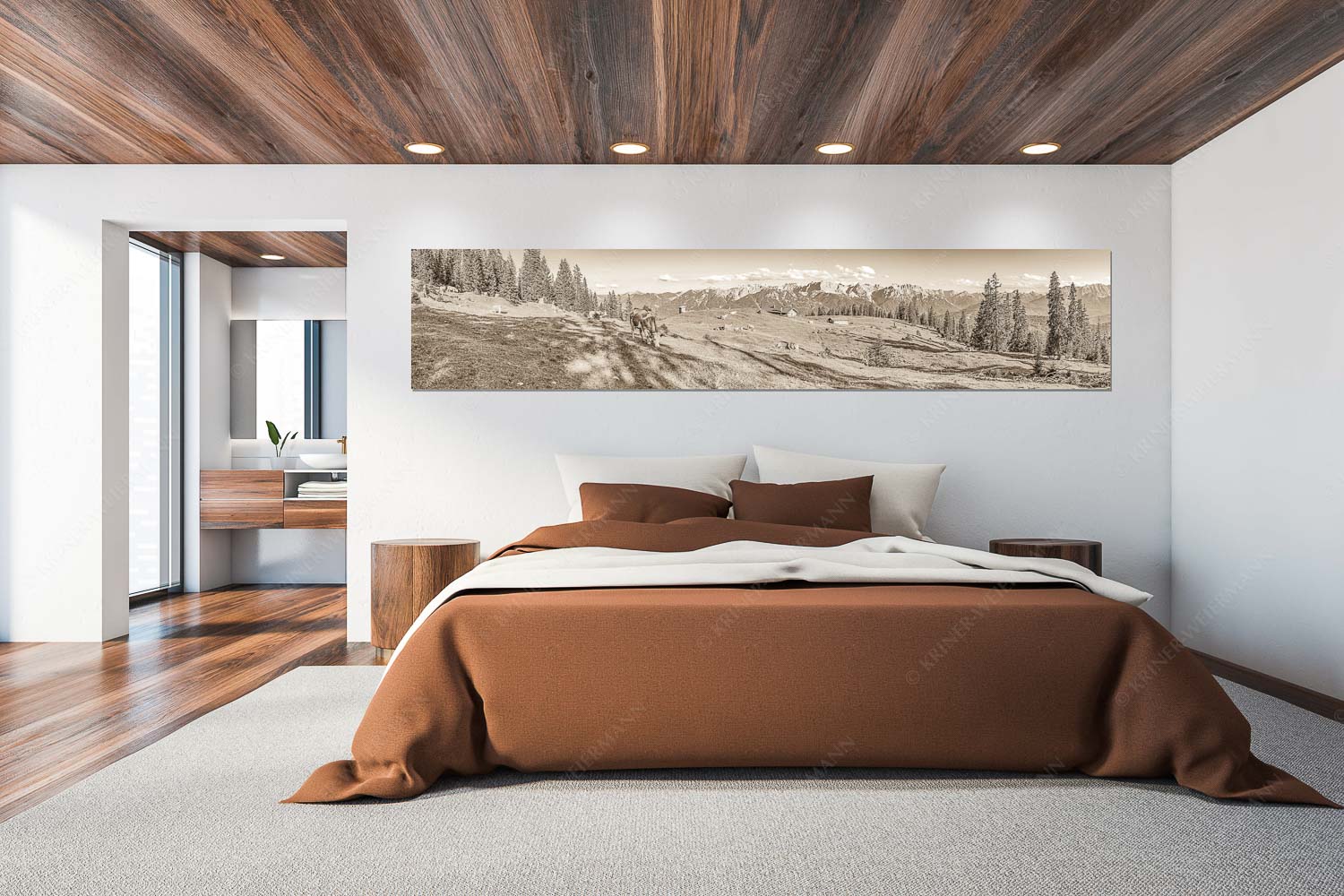 Blick über Krüneralm ins Karwendelgebirge - Auf da Krüneralm - Wandbild - Größe ca. 300x60cm, Seitenverhältnis 5:1 - Kühe auf der Alm im Estergebirge - weitere Infos unter https://www.kriner-weiermann.de