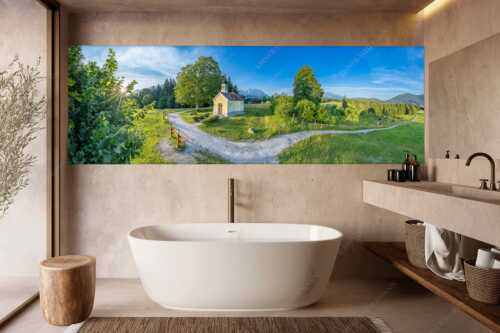 Sonnenaufgang an der Kapelle Maria Rast in Krün mit Karwendel- und Wettersteingebirge - Morgenandacht - Wandbild - Größe ca. 300x100cm, Seitenverhältnis 3:1 - Kapelle Maria Rast Krün - weitere Infos unter https://www.kriner-weiermann.de
