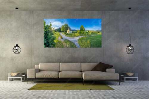 Sonnenaufgang an der Kapelle Maria Rast in Krün mit Karwendel- und Wettersteingebirge - Morgenandacht - Wandbild - Größe ca. 200x100cm, Seitenverhältnis 2:1 - Kapelle Maria Rast Krün - weitere Infos unter https://www.kriner-weiermann.de