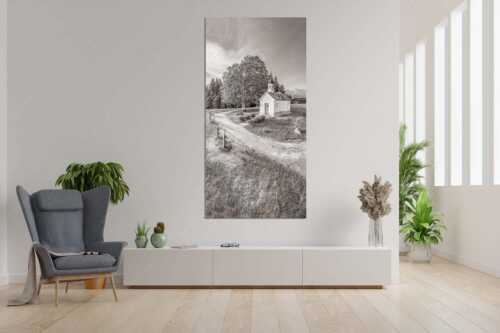 Sonnenaufgang an der Kapelle Maria Rast in Krün mit Karwendel- und Wettersteingebirge - Morgenandacht - Wandbild - Größe ca. 90x180cm, Seitenverhältnis 1:2 - Kapelle Maria Rast Krün - weitere Infos unter https://www.kriner-weiermann.de