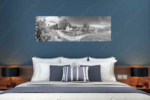 Sonnenaufgang an der Kapelle Maria Rast in Krün mit Karwendel- und Wettersteingebirge - Morgenandacht - Wandbild - Größe ca. 180x60cm, Seitenverhältnis 3:1 - Kapelle Maria Rast Krün - weitere Infos unter https://www.kriner-weiermann.de