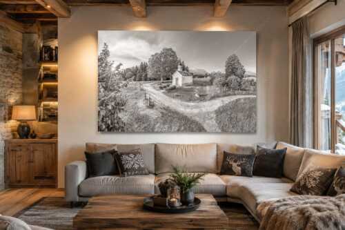 Sonnenaufgang an der Kapelle Maria Rast in Krün mit Karwendel- und Wettersteingebirge - Morgenandacht - Wandbild - Größe ca. 210x140cm, Seitenverhältnis 3:2 - Kapelle Maria Rast Krün - weitere Infos unter https://www.kriner-weiermann.de