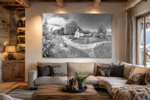Sonnenaufgang an der Kapelle Maria Rast in Krün mit Karwendel- und Wettersteingebirge - Morgenandacht - Wandbild - Größe ca. 210x140cm, Seitenverhältnis 3:2 - Kapelle Maria Rast Krün - weitere Infos unter https://www.kriner-weiermann.de