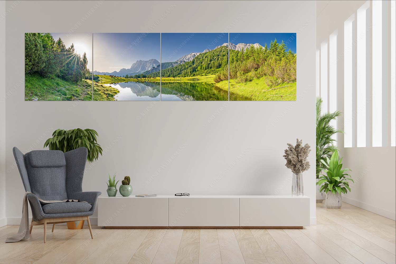 Almfrieden – Wandbild – 4er Split, Größe ca. 280x70cm, Seitenverhältnis 4:1 — Vereineralm im Karwendel Almsommer auf der Fereineralm im Karwendelgebirge - Almfrieden - Wandbild - 4er Split, Größe ca. 280x70cm, Seitenverhältnis 4:1 - Vereineralm im Karwendel - weitere Infos unter https://www.kriner-weiermann.de