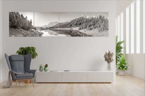 Almsommer auf der Fereineralm im Karwendelgebirge - Almfrieden - Wandbild - 4er Split, Größe ca. 280x70cm, Seitenverhältnis 4:1 - Vereineralm im Karwendel - weitere Infos unter https://www.kriner-weiermann.de