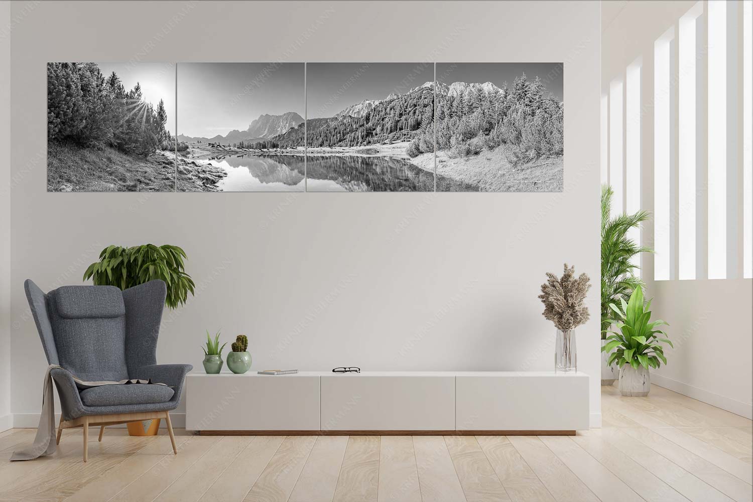 Almfrieden – Wandbild – 4er Split, Größe ca. 280x70cm, Seitenverhältnis 4:1 — Vereineralm im Karwendel Almsommer auf der Fereineralm im Karwendelgebirge - Almfrieden - Wandbild - 4er Split, Größe ca. 280x70cm, Seitenverhältnis 4:1 - Vereineralm im Karwendel - weitere Infos unter https://www.kriner-weiermann.de