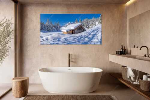 Frisch verschneiter Heustadl bei Mittenwald mit Wettersteinspitzen - Schönheit der Stille - Wandbild - Größe ca. 180x90cm, Seitenverhältnis 2:1 - Buckelwiesen am Kranzberg - weitere Infos unter https://www.kriner-weiermann.de