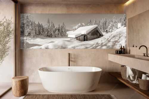 Frisch verschneiter Heustadl bei Mittenwald mit Wettersteinspitzen - Schönheit der Stille - Wandbild - Größe ca. 300x100cm, Seitenverhältnis 3:1 - Buckelwiesen am Kranzberg - weitere Infos unter https://www.kriner-weiermann.de