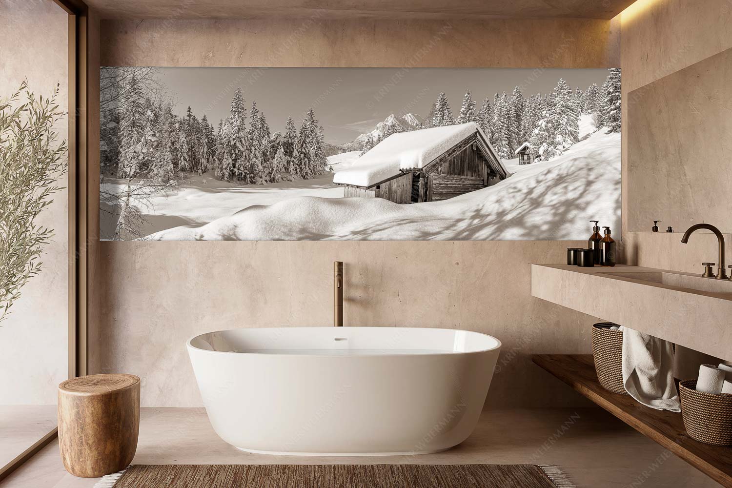 Schönheit der Stille – Wandbild – Größe ca. 300x100cm, Seitenverhältnis 3:1 — Buckelwiesen am Kranzberg Frisch verschneiter Heustadl bei Mittenwald mit Wettersteinspitzen - Schönheit der Stille - Wandbild - Größe ca. 300x100cm, Seitenverhältnis 3:1 - Buckelwiesen am Kranzberg - weitere Infos unter https://www.kriner-weiermann.de