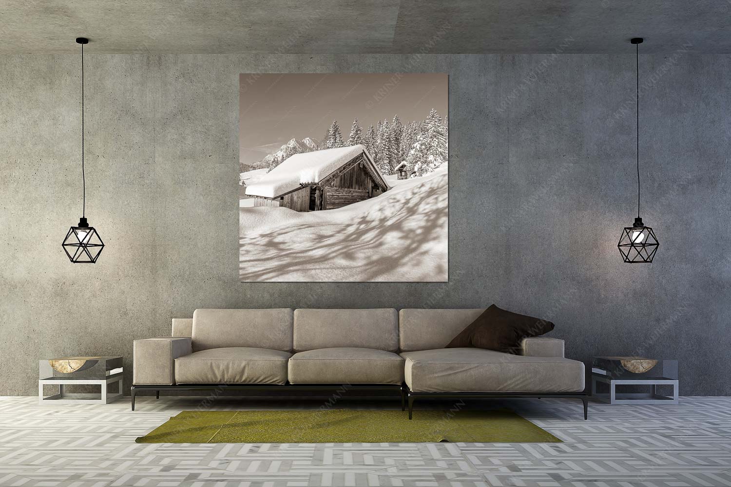 Schönheit der Stille – Wandbild – Größe ca. 160x160cm, Seitenverhältnis 1:1 — Buckelwiesen am Kranzberg Frisch verschneiter Heustadl bei Mittenwald mit Wettersteinspitzen - Schönheit der Stille - Wandbild - Größe ca. 160x160cm, Seitenverhältnis 1:1 - Buckelwiesen am Kranzberg - weitere Infos unter https://www.kriner-weiermann.de
