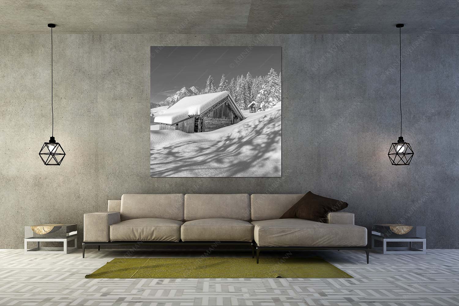 Frisch verschneiter Heustadl bei Mittenwald mit Wettersteinspitzen - Schönheit der Stille - Wandbild - Größe ca. 160x160cm, Seitenverhältnis 1:1 - Buckelwiesen am Kranzberg - weitere Infos unter https://www.kriner-weiermann.de