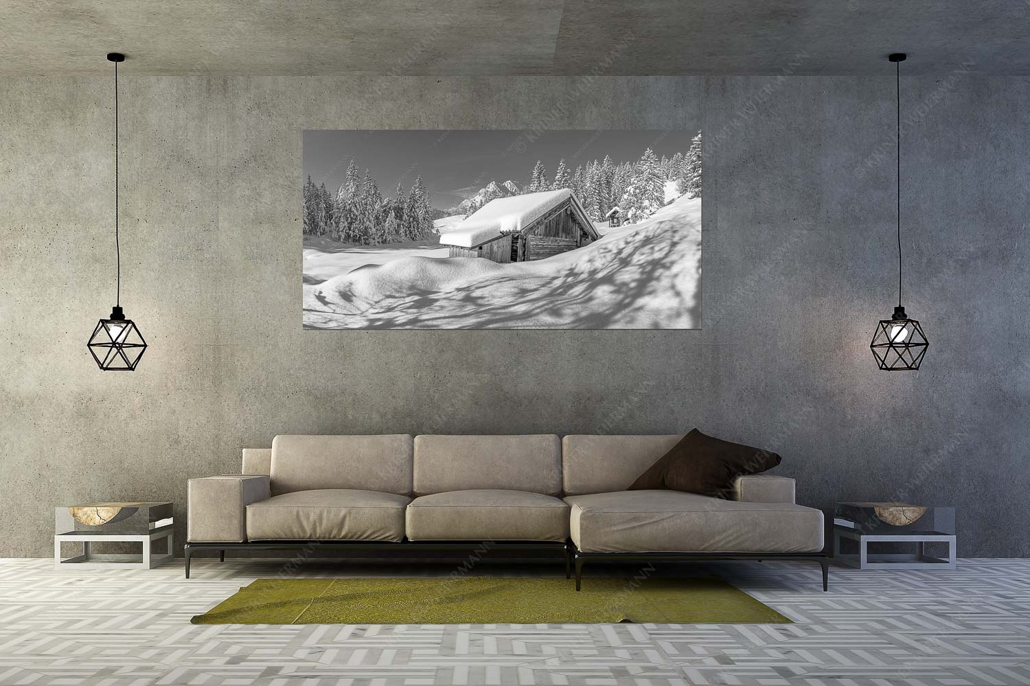 Schönheit der Stille – Wandbild – Größe ca. 200x100cm, Seitenverhältnis 2:1 — Buckelwiesen am Kranzberg Frisch verschneiter Heustadl bei Mittenwald mit Wettersteinspitzen - Schönheit der Stille - Wandbild - Größe ca. 200x100cm, Seitenverhältnis 2:1 - Buckelwiesen am Kranzberg - weitere Infos unter https://www.kriner-weiermann.de